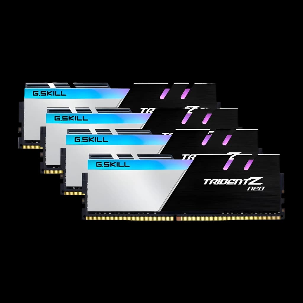 G.Skill Trident Z Neo 64GB DDR4 negro/plata, kit 4 módulos: disipadores RGB, logo G.Skill azul y texto Trident Z Neo