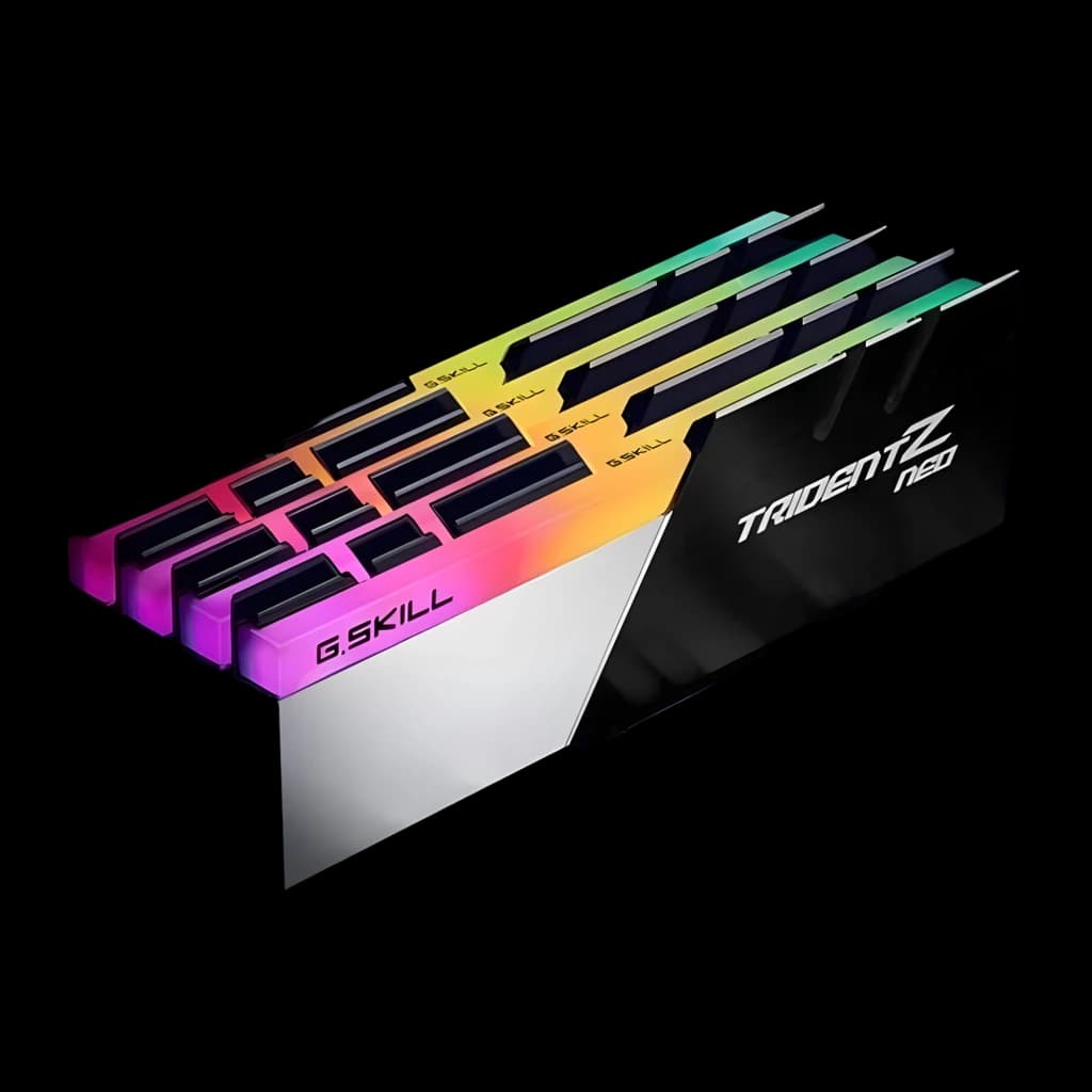 G.Skill Trident Z Neo 64GB DDR4 3200MHz negro/plata, kit 4 módulos: vista angular con iluminación RGB multicolor y disipador