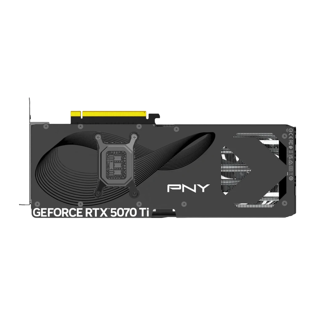 PNY GeForce RTX 5070 Ti Gaming Triple Fan OC 16GB gris, vista frontal: tres ventiladores con logo PNY y conector PCIe dorado - Ítem1