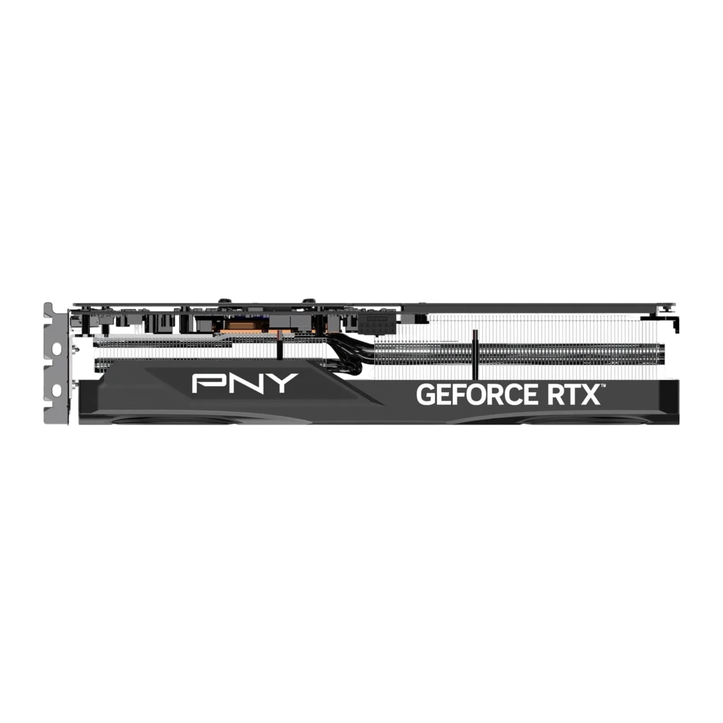 PNY GeForce RTX 5070 Ti Gaming Triple Fan OC 16GB gris, vista frontal: tres ventiladores con logo PNY y conector PCIe dorado - Ítem3