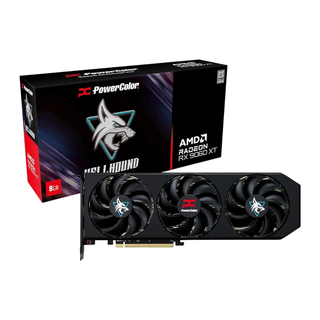 PowerColor Hellhound Radeon RX 9060 XT 8GB negro, vista frontal en ángulo: tres ventiladores con logos Hellhound y PowerColor - Ítem7