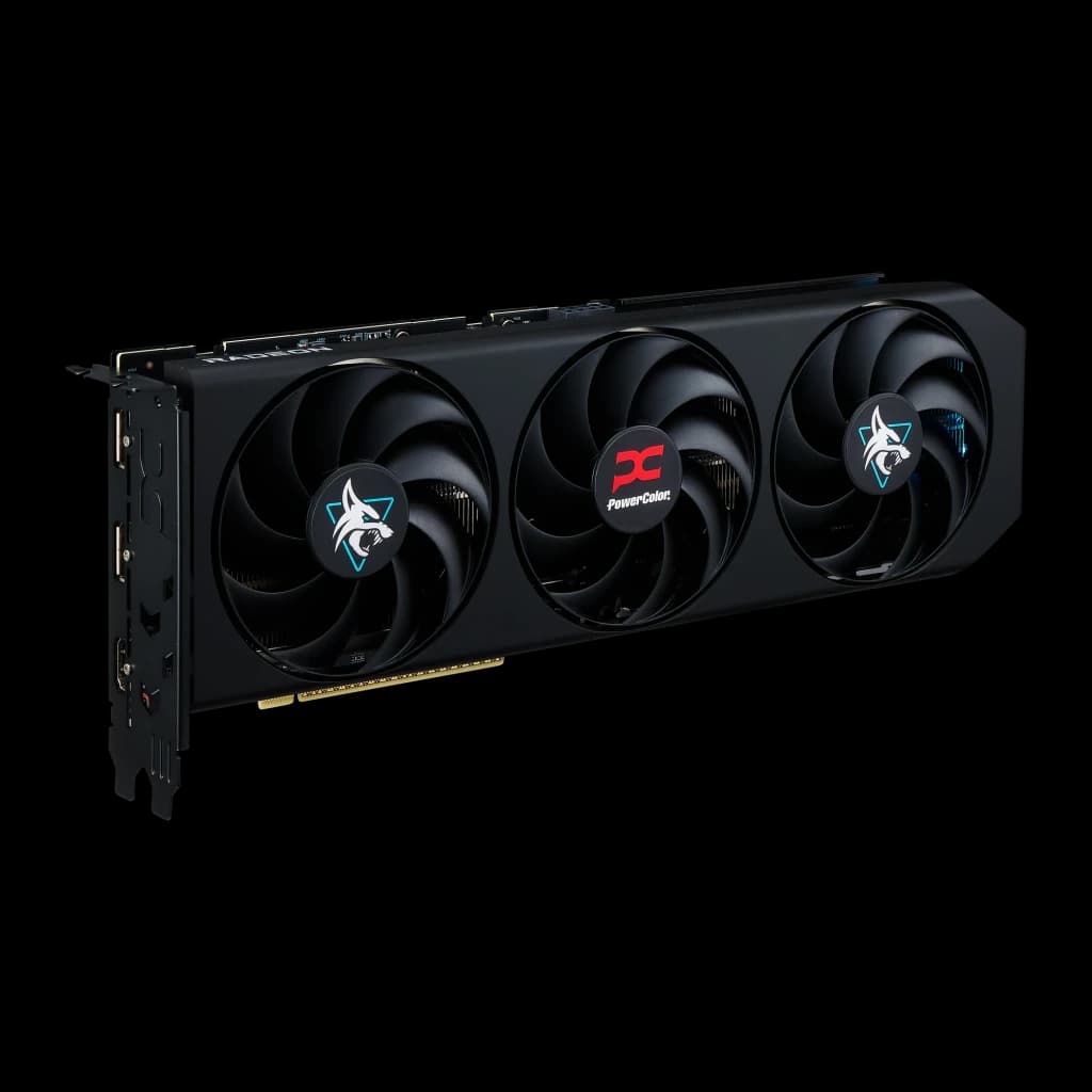 PowerColor Hellhound Radeon RX 9060 XT 8GB negro, vista frontal en ángulo: tres ventiladores con logos Hellhound y PowerColor