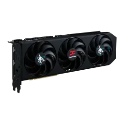 PowerColor Hellhound Radeon RX 9060 XT 8GB negro, vista frontal en ángulo: tres ventiladores con logos Hellhound y PowerColor