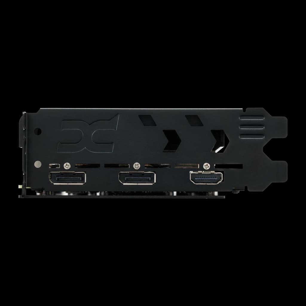 PowerColor Hellhound Radeon RX 9060 XT 8GB negro, vista del bracket: dos puertos DisplayPort y un HDMI con logo PC grabado