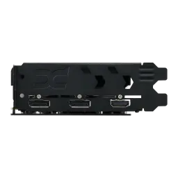 PowerColor Hellhound Radeon RX 9060 XT 8GB negro, vista del bracket: dos puertos DisplayPort y un HDMI con logo PC grabado