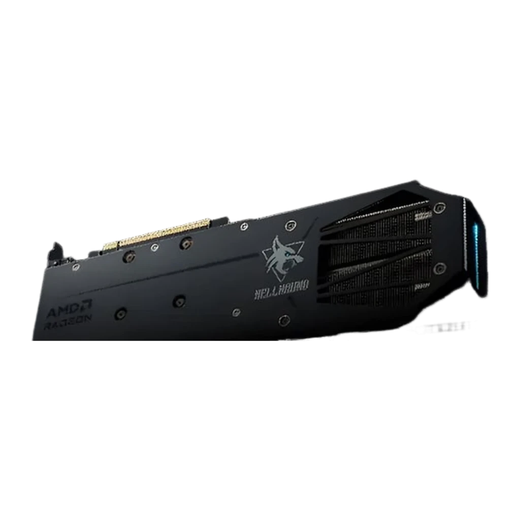 PowerColor Hellhound Radeon RX 9060 XT 8GB negro, vista frontal en ángulo: tres ventiladores con logos Hellhound y PowerColor - Ítem2
