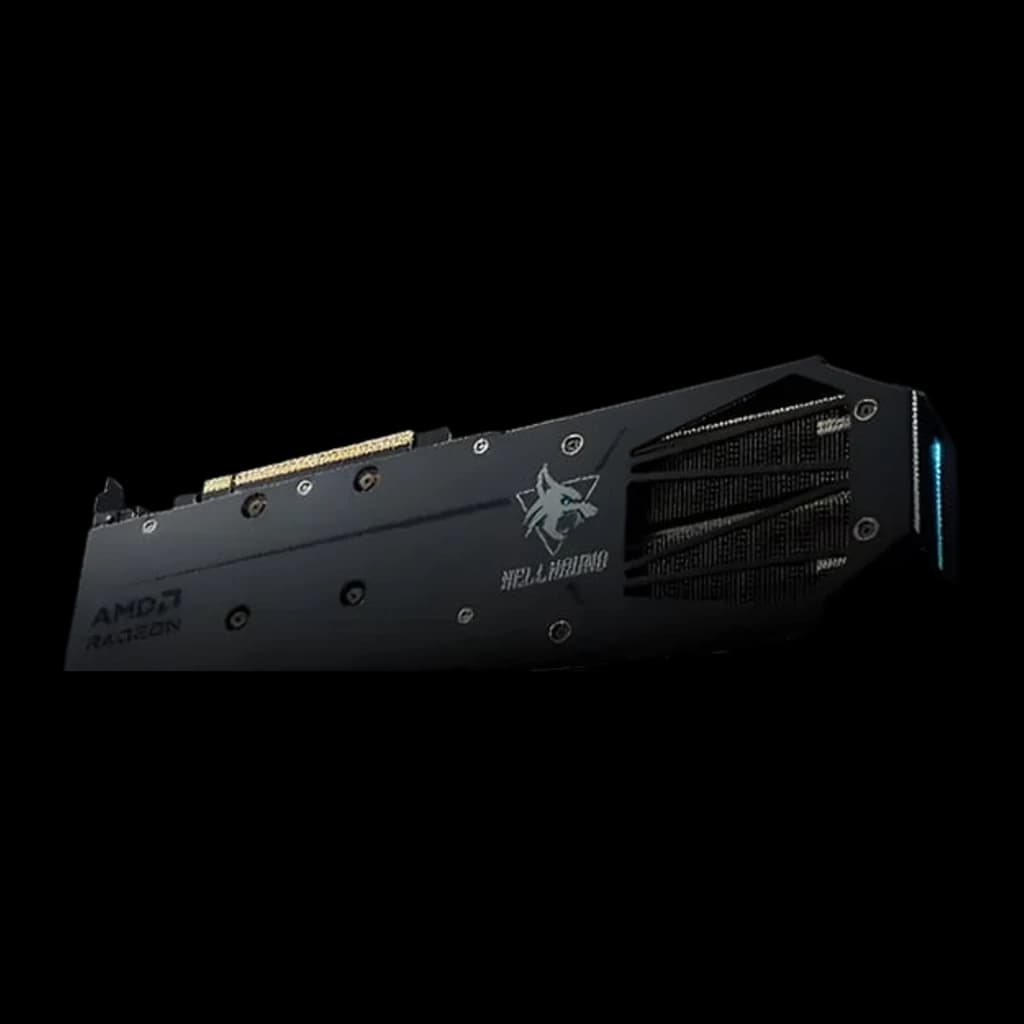 PowerColor Hellhound Radeon RX 9060 XT 8GB negro, vista trasera en ángulo: backplate con logo Hellhound, aletas de