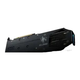 PowerColor Hellhound Radeon RX 9060 XT 8GB negro, vista trasera en ángulo: backplate con logo Hellhound, aletas de