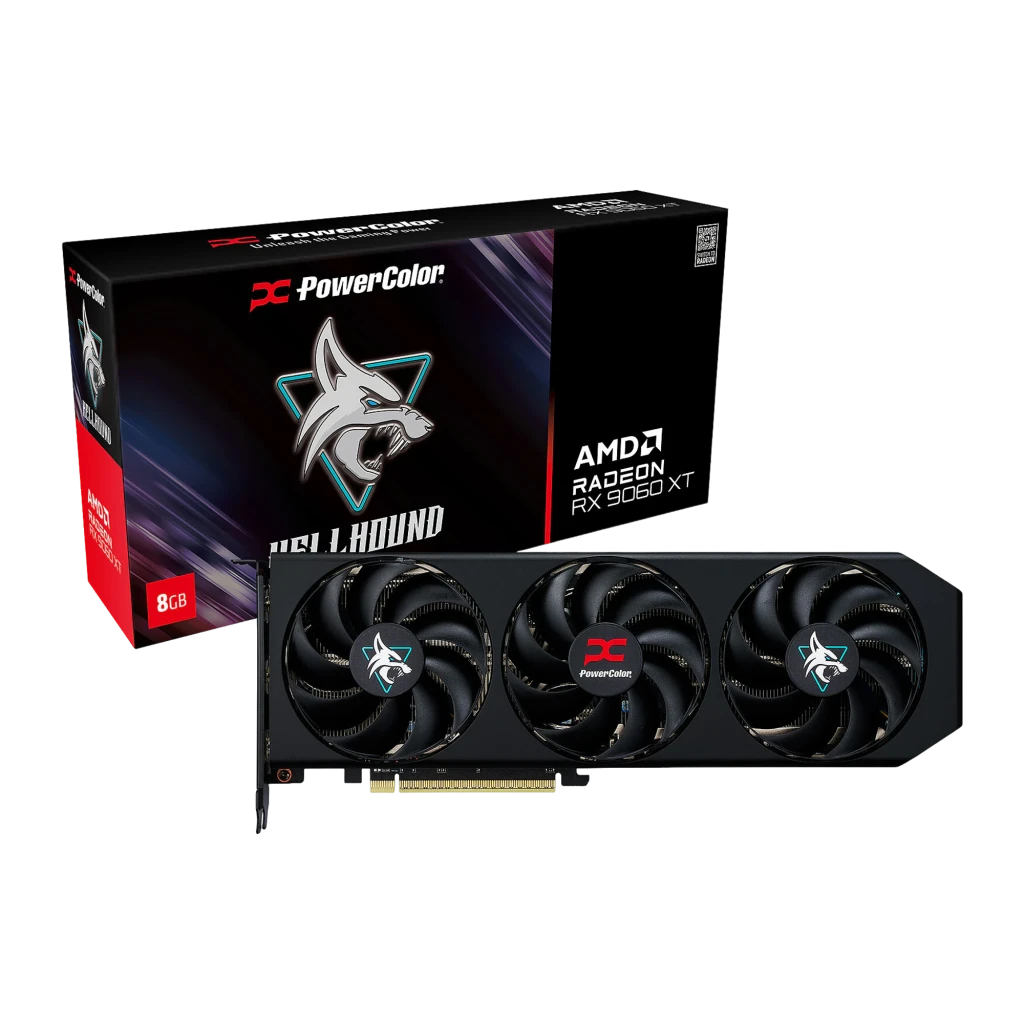 PowerColor Hellhound Radeon RX 9060 XT 8GB negro, vista frontal en ángulo: tres ventiladores con logos Hellhound y PowerColor - Ítem3