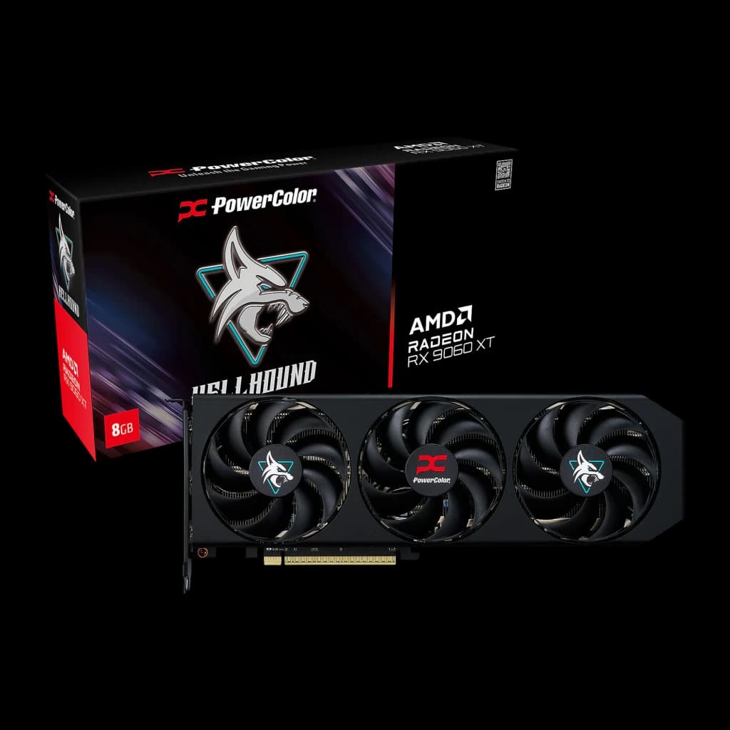 PowerColor Hellhound Radeon RX 9060 XT 8GB negro, kit con caja: tarjeta con tres ventiladores junto a caja Hellhound 8GB