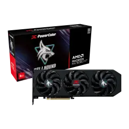 PowerColor Hellhound Radeon RX 9060 XT 8GB negro, kit con caja: tarjeta con tres ventiladores junto a caja Hellhound 8GB