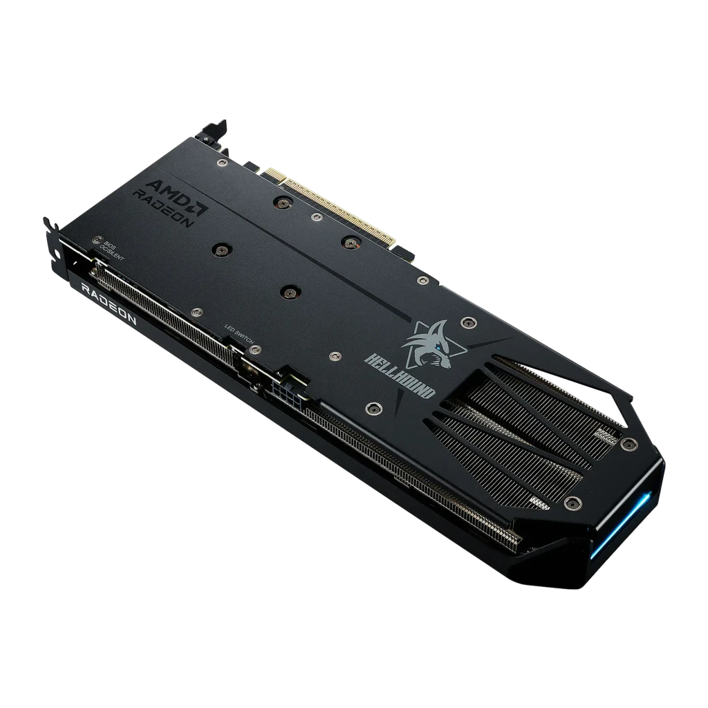 PowerColor Hellhound Radeon RX 9060 XT 8GB negro, vista frontal en ángulo: tres ventiladores con logos Hellhound y PowerColor - Ítem4