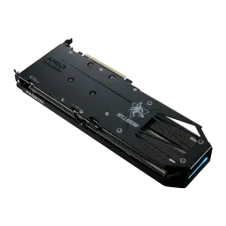 PowerColor Hellhound Radeon RX 9060 XT 8GB negro, vista superior en ángulo: backplate con logo Hellhound, conector PCIe y