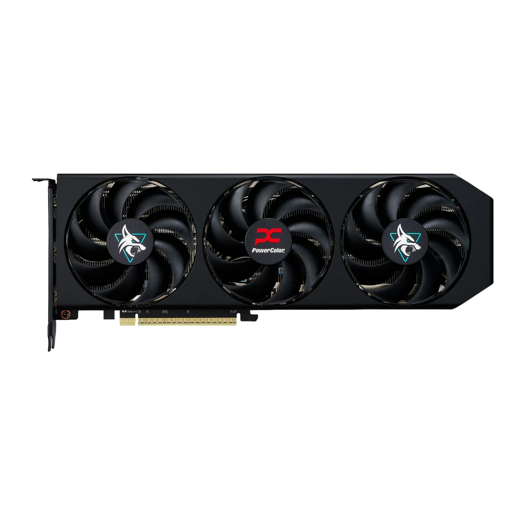PowerColor Hellhound Radeon RX 9060 XT 8GB negro, vista frontal en ángulo: tres ventiladores con logos Hellhound y PowerColor - Ítem5
