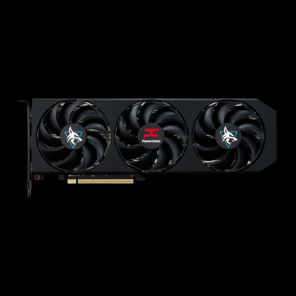 PowerColor Hellhound Radeon RX 9060 XT 8GB negro, vista frontal plana: tres ventiladores centrados con logos PowerColor y