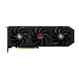 PowerColor Hellhound Radeon RX 9060 XT 8GB negro, vista frontal plana: tres ventiladores centrados con logos PowerColor y