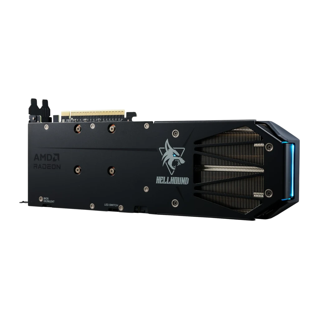 PowerColor Hellhound Radeon RX 9060 XT 8GB negro, vista frontal en ángulo: tres ventiladores con logos Hellhound y PowerColor - Ítem6