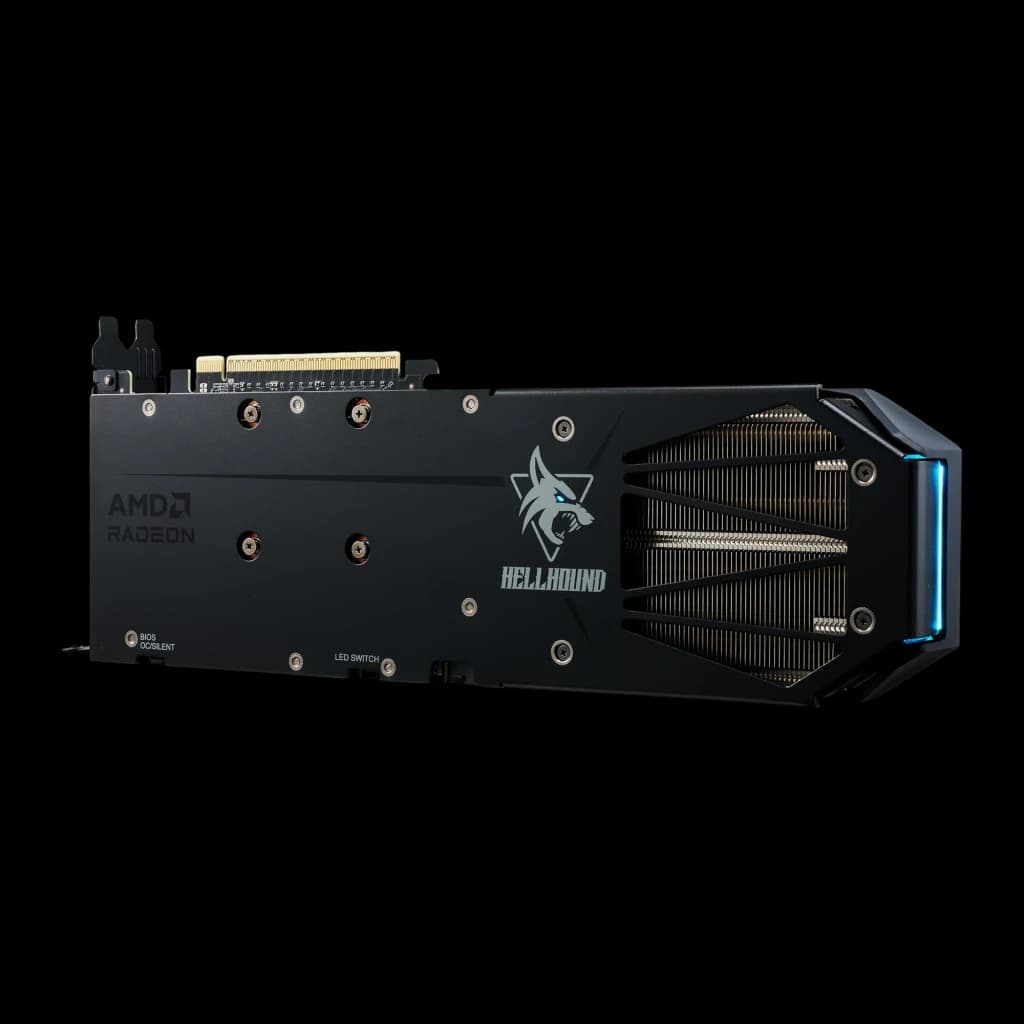 PowerColor Hellhound Radeon RX 9060 XT 8GB negro, vista trasera lateral: backplate con switches BIOS y LED, aletas de