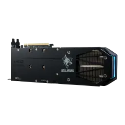 PowerColor Hellhound Radeon RX 9060 XT 8GB negro, vista trasera lateral: backplate con switches BIOS y LED, aletas de