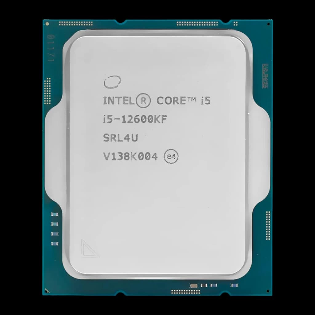 Intel Core i5-12600KF, vista frontal: IHS plateado con grabado i5-12600KF SRL4U y PCB verde turquesa