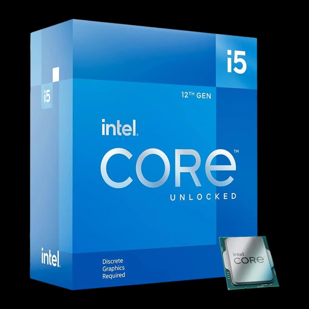 Intel Core i5-12600KF, caja y procesador: caja azul 12th Gen Unlocked en ángulo con chip en esquina inferior