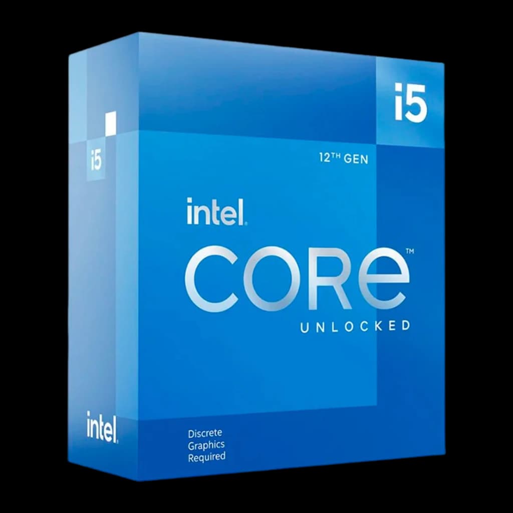 Intel Core i5-12600KF, caja en ángulo: vista tres cuartos caja azul 12th Gen sin procesador visible