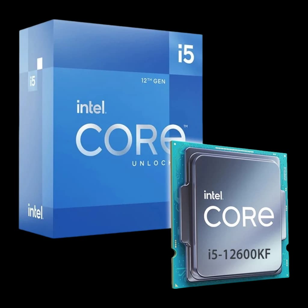 Intel Core i5-12600KF, caja y chip en primer plano: procesador inclinado con grabado i5-12600KF junto a caja azul