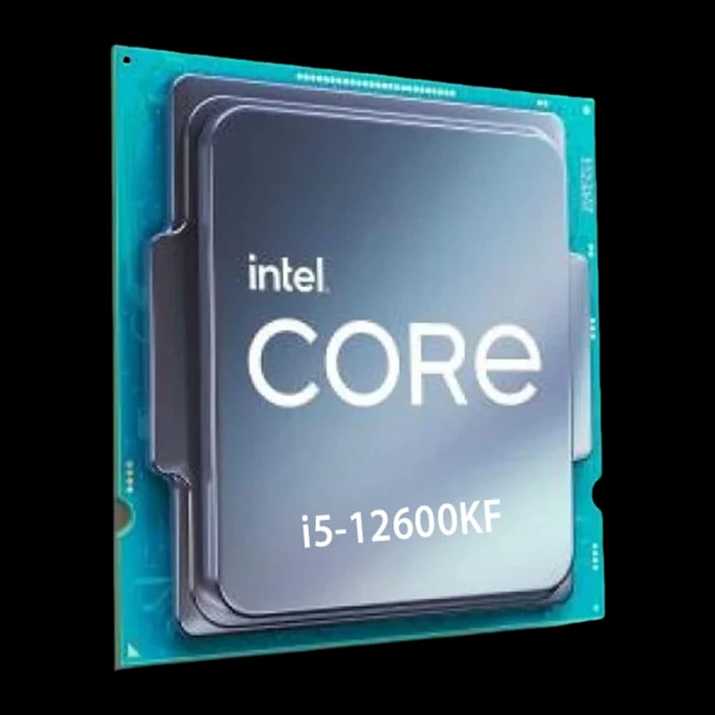 Intel Core i5-12600KF, vista en perspectiva: procesador inclinado con IHS gris grabado i5-12600KF y PCB turquesa