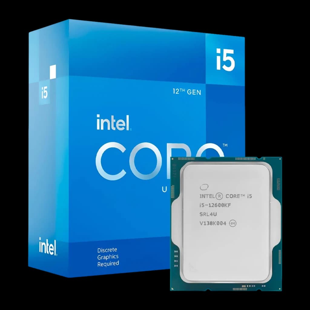 Intel Core i5-12600KF, caja y procesador frontal: chip plano con IHS plateado grabado SRL4U junto a caja azul