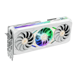 ASRock Radeon RX 9070 XT Taichi White OC 16GB branca, vista frontal em ângulo: três ventoinhas RGB, ecrã LCD e logo Taichi