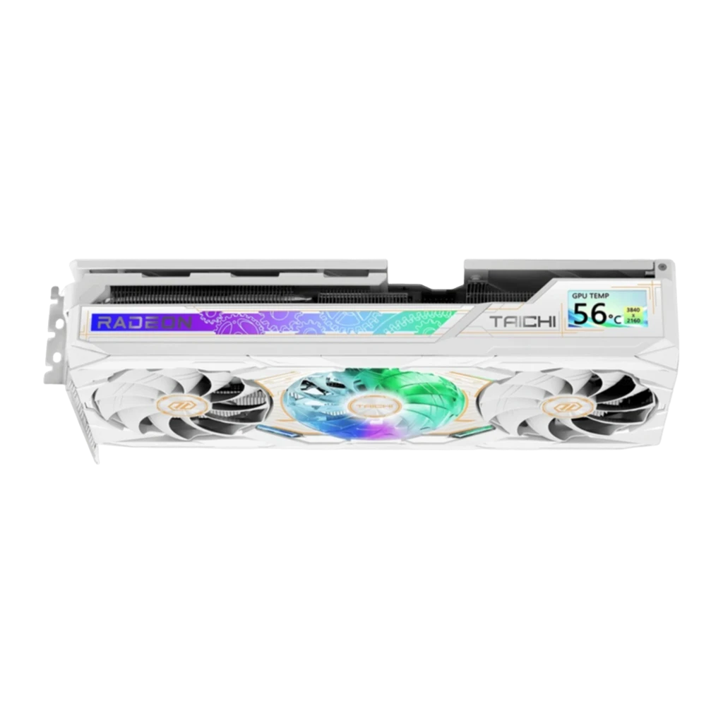 ASRock Radeon RX 9070 XT Taichi White OC 16GB branca, vista frontal em ângulo: três ventoinhas RGB, ecrã LCD e logo Taichi - Item1