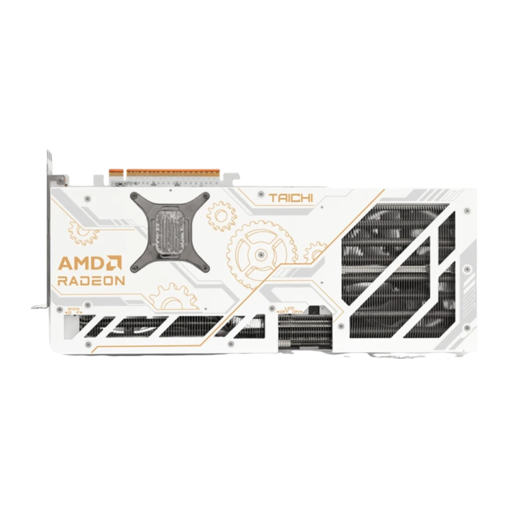 ASRock Radeon RX 9070 XT Taichi White OC 16GB branca, vista frontal em ângulo: três ventoinhas RGB, ecrã LCD e logo Taichi - Item2