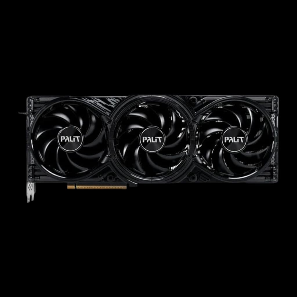 Palit GeForce RTX 5080 GamingPro OC 16GB noir, vue de face: trois ventilateurs avec logo PALiT et connecteur PCIe doré