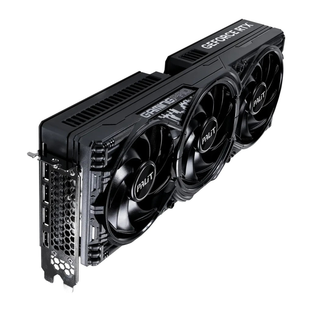 Palit GeForce RTX 5080 GamingPro OC 16GB preto, vista frontal: três ventoinhas com logo PALiT e conector PCIe dourado - Item2