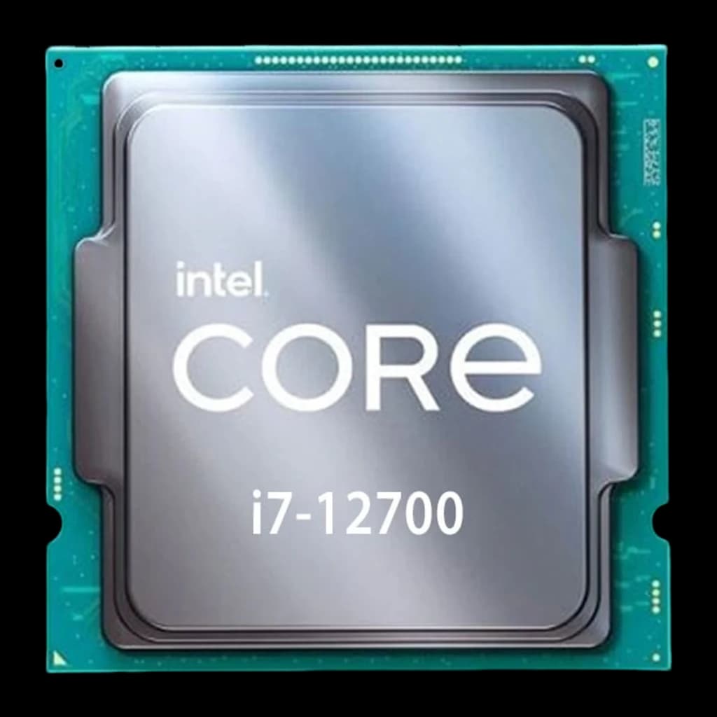 Intel Core i7-12700, vue de face: IHS argenté avec grand logo Core i7-12700 sur PCB vert