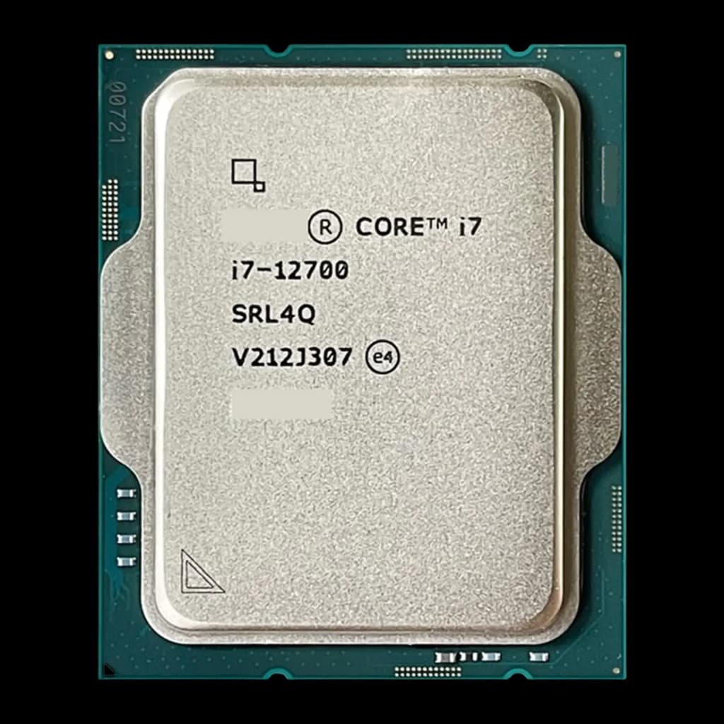 Intel Core i7-12700, vue de face variante: IHS argenté texturé avec code V212J307 et numéro SRL4Q gravés