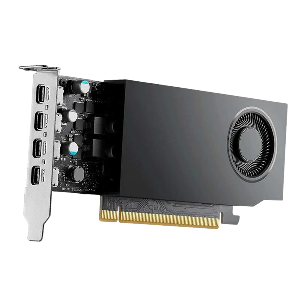 PNY NVIDIA RTX A400 4GB Noir, vue de face: dissipateur noir, ventilateur radial et PCB avec connecteur PCIe doré - Ítem1
