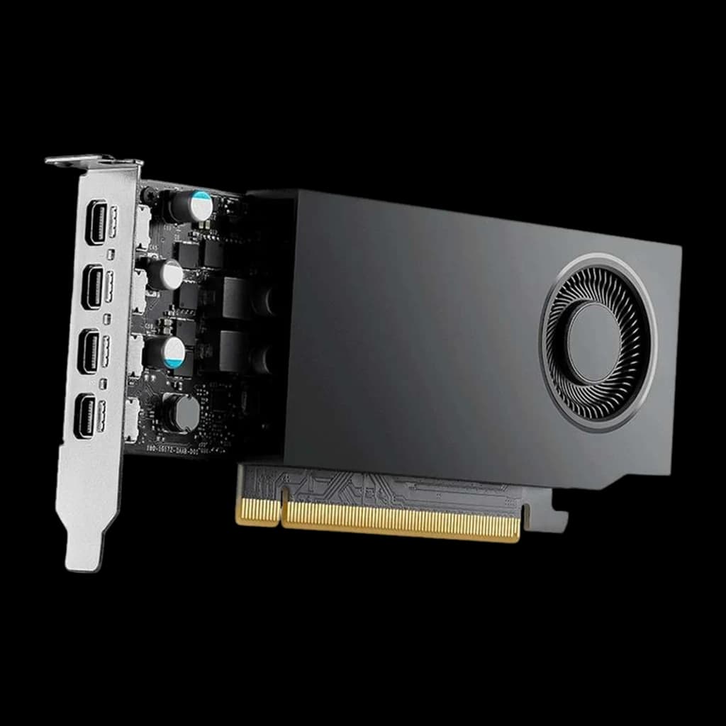 PNY NVIDIA RTX A400 4GB Negro, vista en perspectiva: 4 puertos DisplayPort en bracket y conector PCIe dorado visible