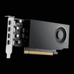 PNY NVIDIA RTX A400 4GB Negro, vista en perspectiva: 4 puertos DisplayPort en bracket y conector PCIe dorado visible