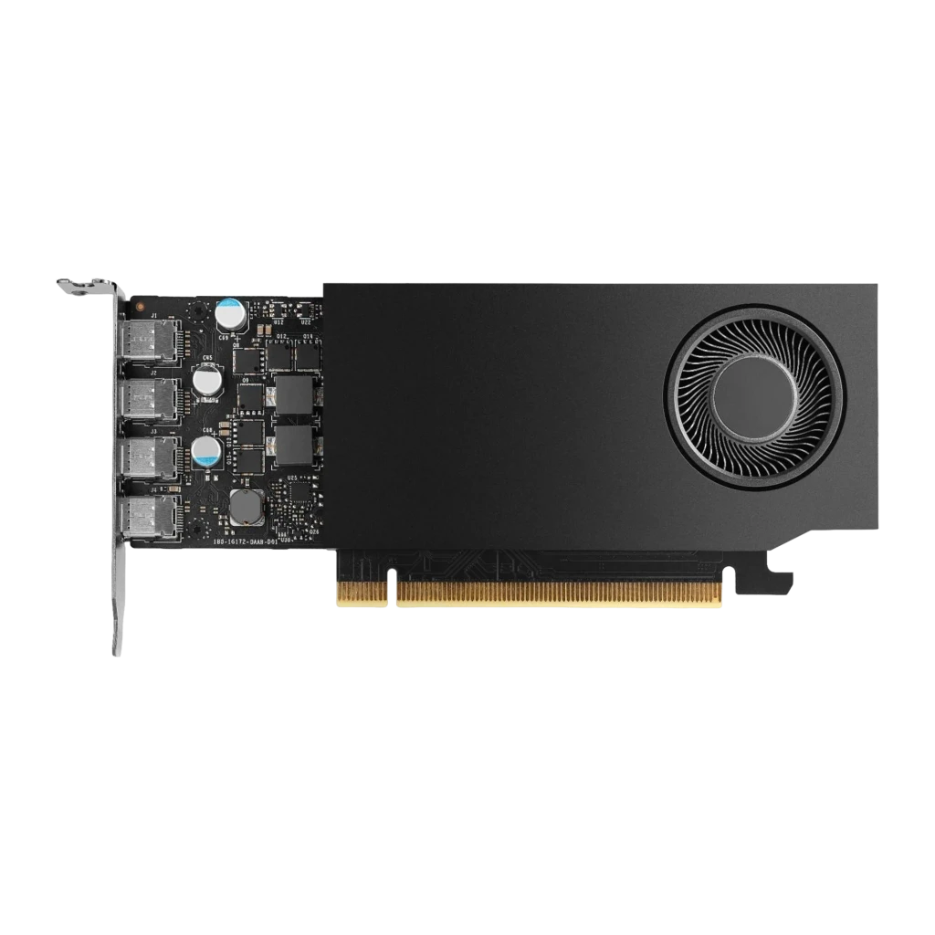 PNY NVIDIA RTX A400 4GB Noir, vue de face: dissipateur noir, ventilateur radial et PCB avec connecteur PCIe doré - Ítem2