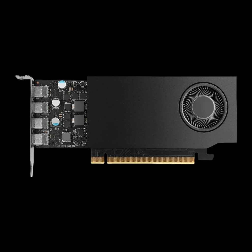 PNY NVIDIA RTX A400 4GB Negro, vista frontal con bracket bajo perfil: 4 puertos DisplayPort apilados y ventilador radial