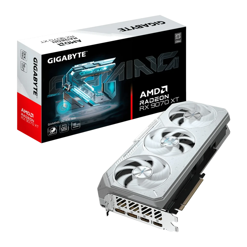 Gigabyte Radeon RX 9070 XT Gaming OC Ice 16 GB blanc, vue avant en angle: trois ventilateurs blancs en rotation et équerre - Ítem4