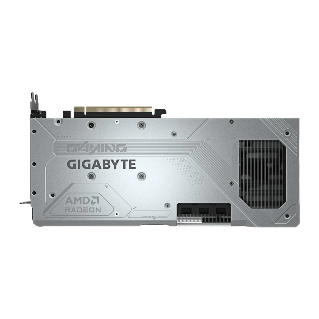 Gigabyte Radeon RX 9070 XT Gaming OC Ice 16 GB blanc, vue avant en angle: trois ventilateurs blancs en rotation et équerre - Ítem1