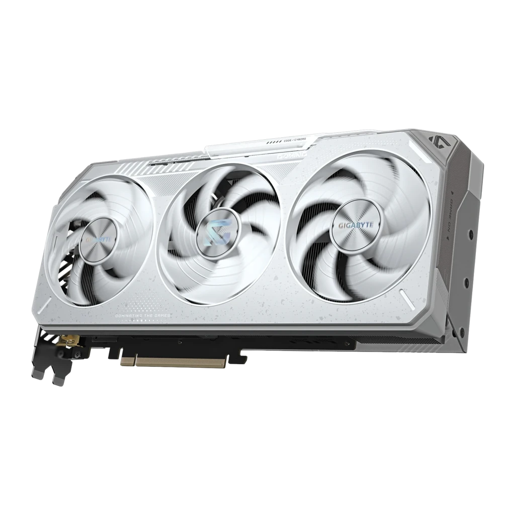 Gigabyte Radeon RX 9070 XT Gaming OC Ice 16 GB blanc, vue avant en angle: trois ventilateurs blancs en rotation et équerre - Ítem2