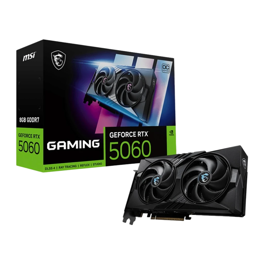 MSI GeForce RTX 5060 Gaming OC 8GB negro, vista frontal: dos ventiladores con logo dragón azul en shroud negro - Ítem4