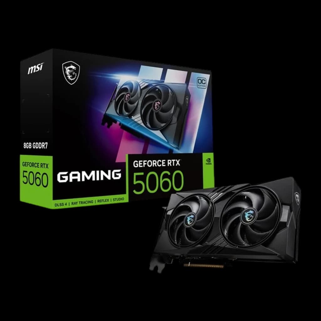 MSI GeForce RTX 5060 Gaming OC 8GB negro, kit caja y tarjeta: ángulo ligeramente distinto, conector de alimentación visible