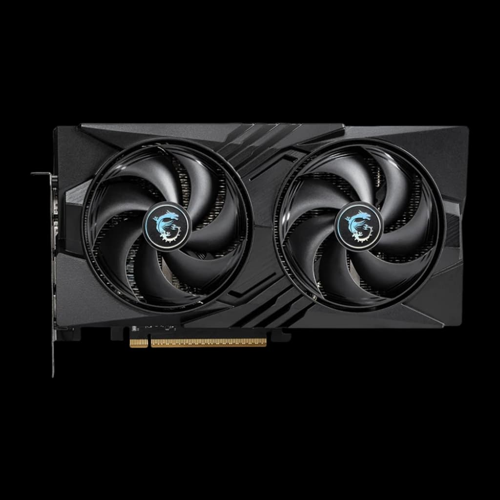 MSI GeForce RTX 5060 Gaming OC 8GB negro, vista frontal: dos ventiladores con logo dragón azul en shroud negro