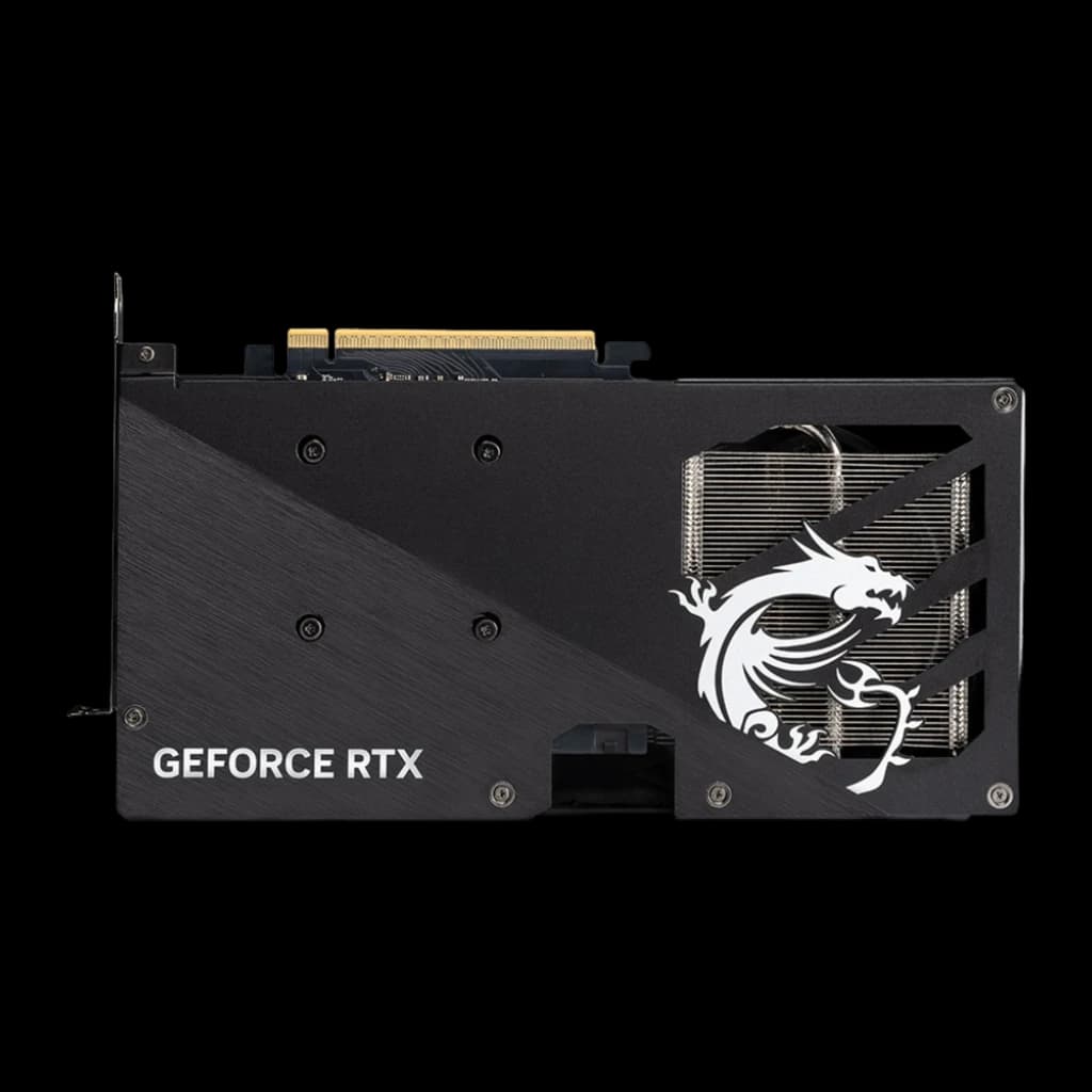 MSI GeForce RTX 5060 Gaming OC 8GB negro, vista trasera: backplate con dragón blanco, texto GeForce RTX y disipador expuesto