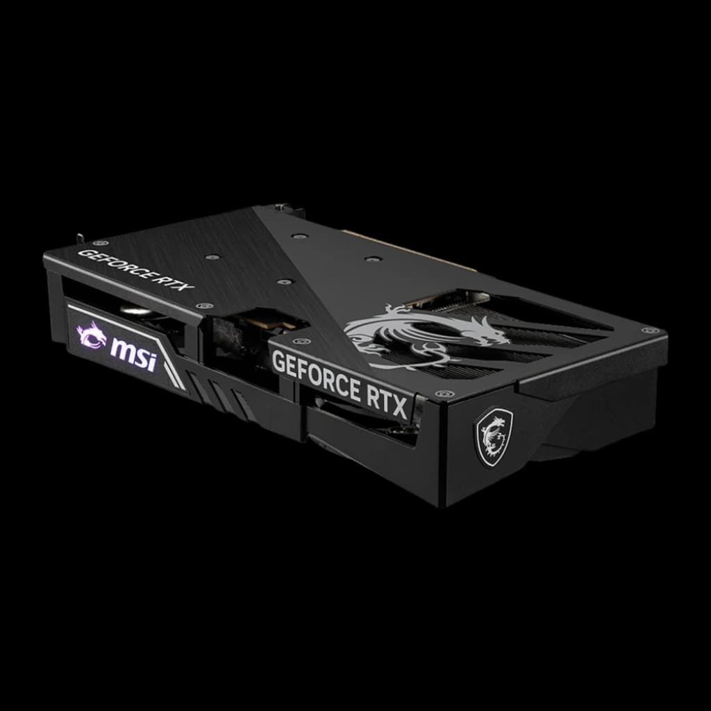 MSI GeForce RTX 5060 Gaming OC 8GB negro, vista lateral en ángulo: logo MSI iluminado morado, bracket y texto GeForce RTX