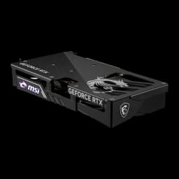 MSI GeForce RTX 5060 Gaming OC 8GB negro, vista lateral en ángulo: logo MSI iluminado morado, bracket y texto GeForce RTX
